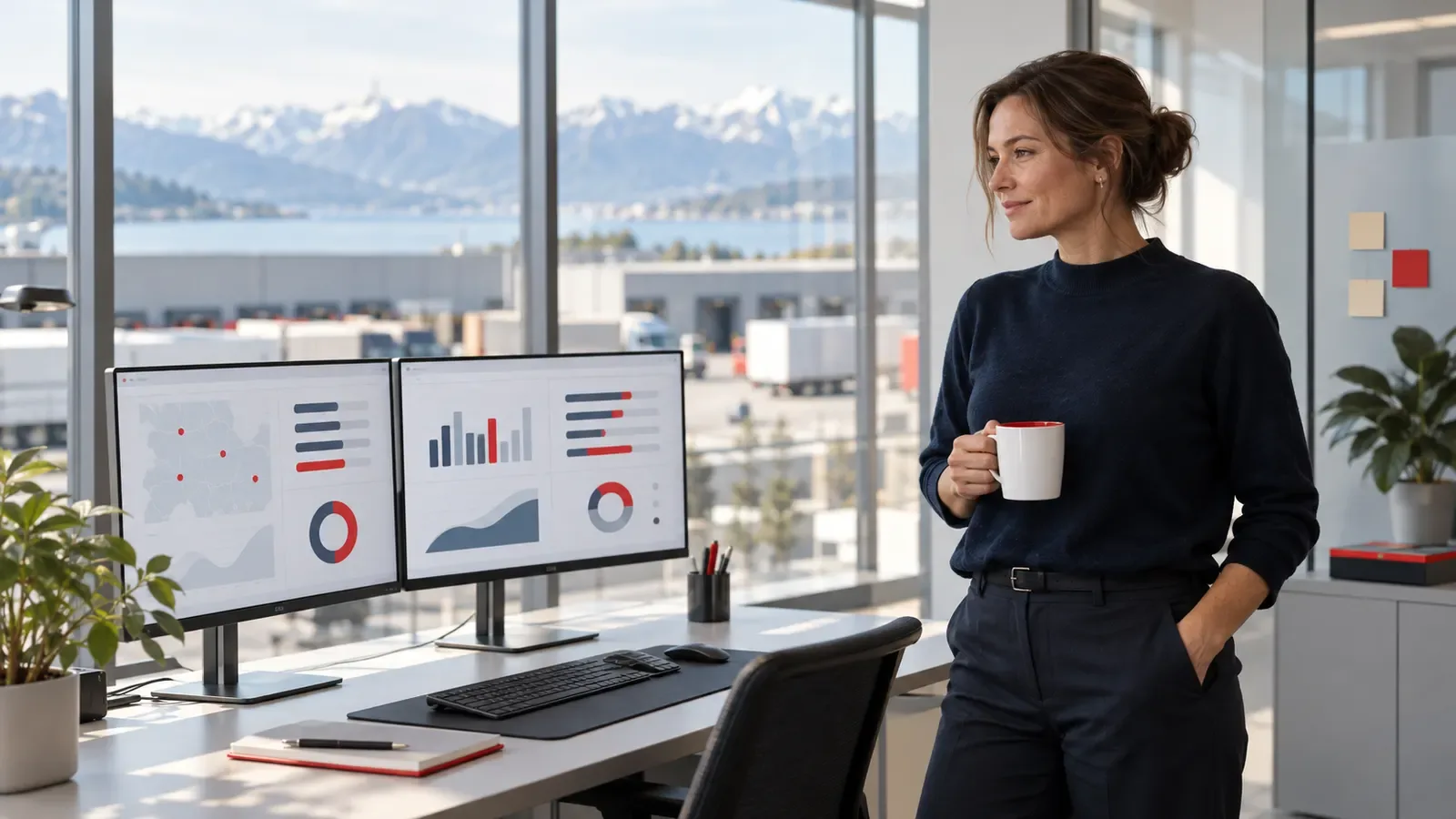 Illustration: a manager, a cup in her hand, in front of two dashboard screens.