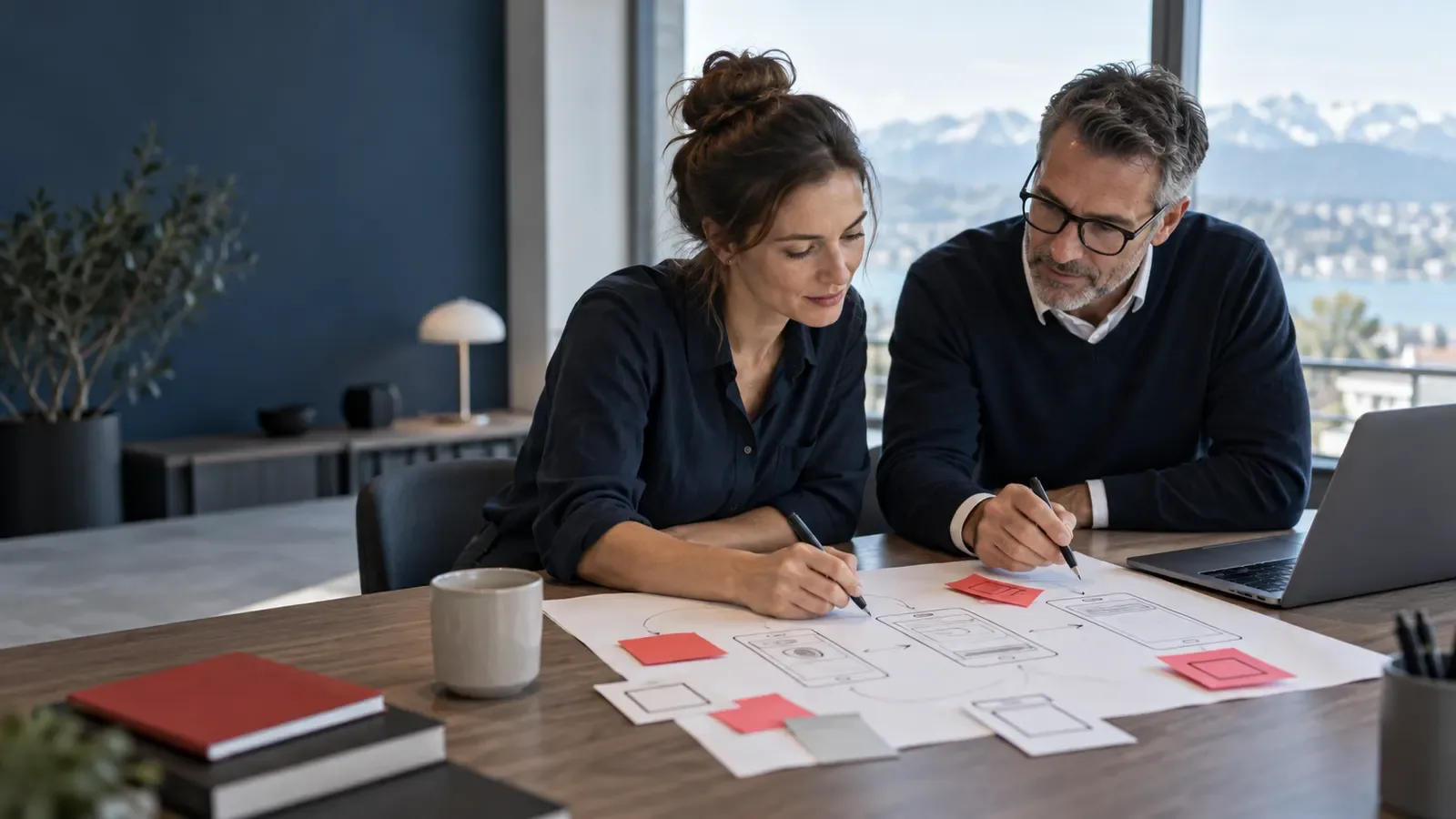 Illustration: two people sketch the screens of an application on a large sheet.