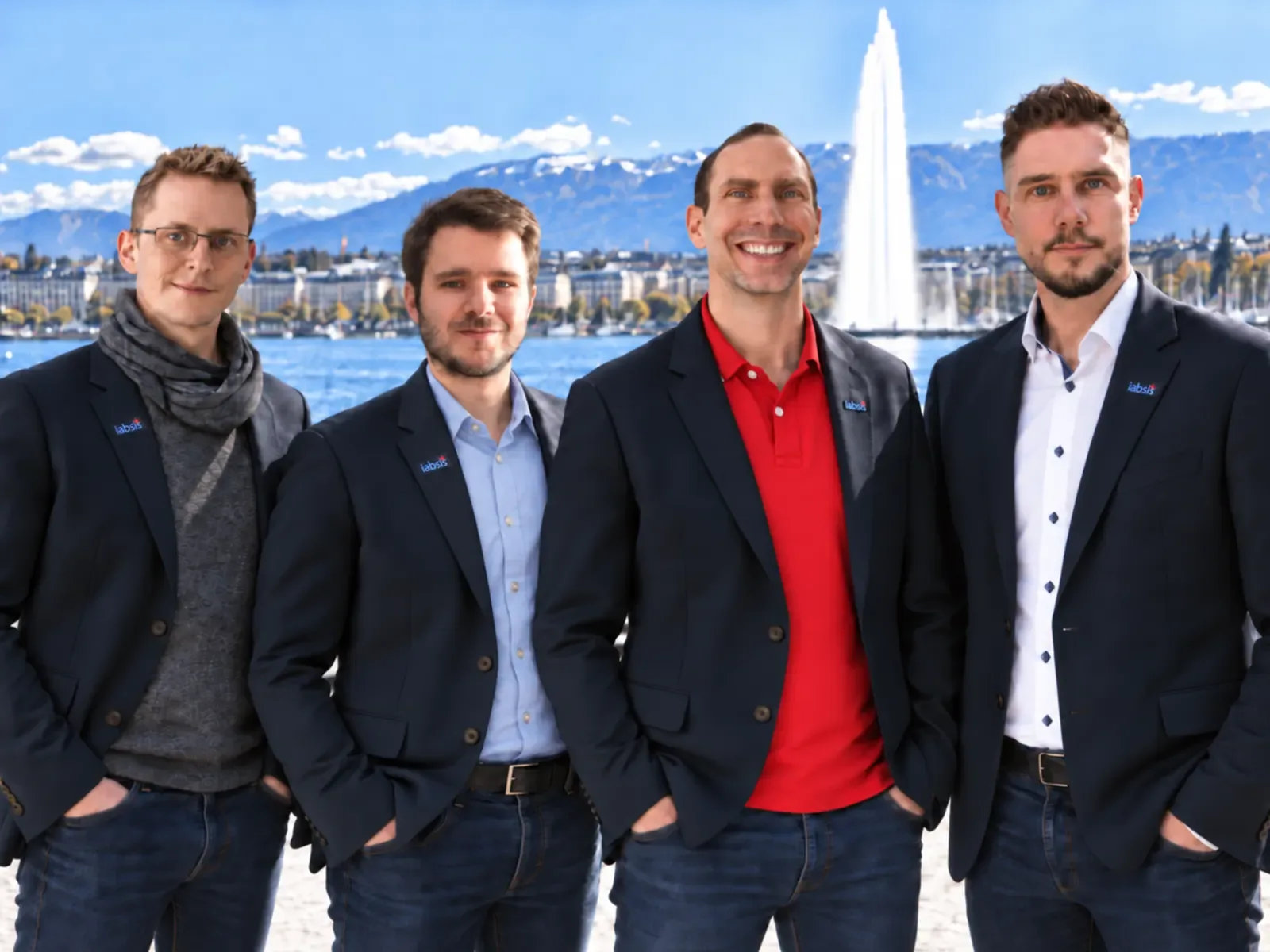 The four iabsis partners in front of the Jet d'eau in Geneva: Gilles Hemmerlé, Olivier Bitsch, Tobias Kuster and Benjamin Fuchs.