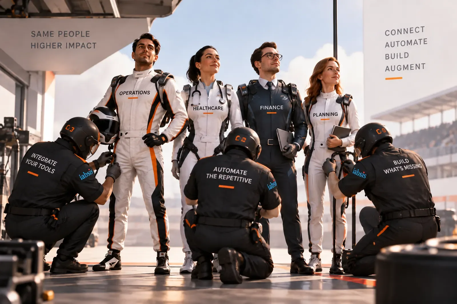 Illustration: a business team backed by technicians, like a racing team in the pit lane.