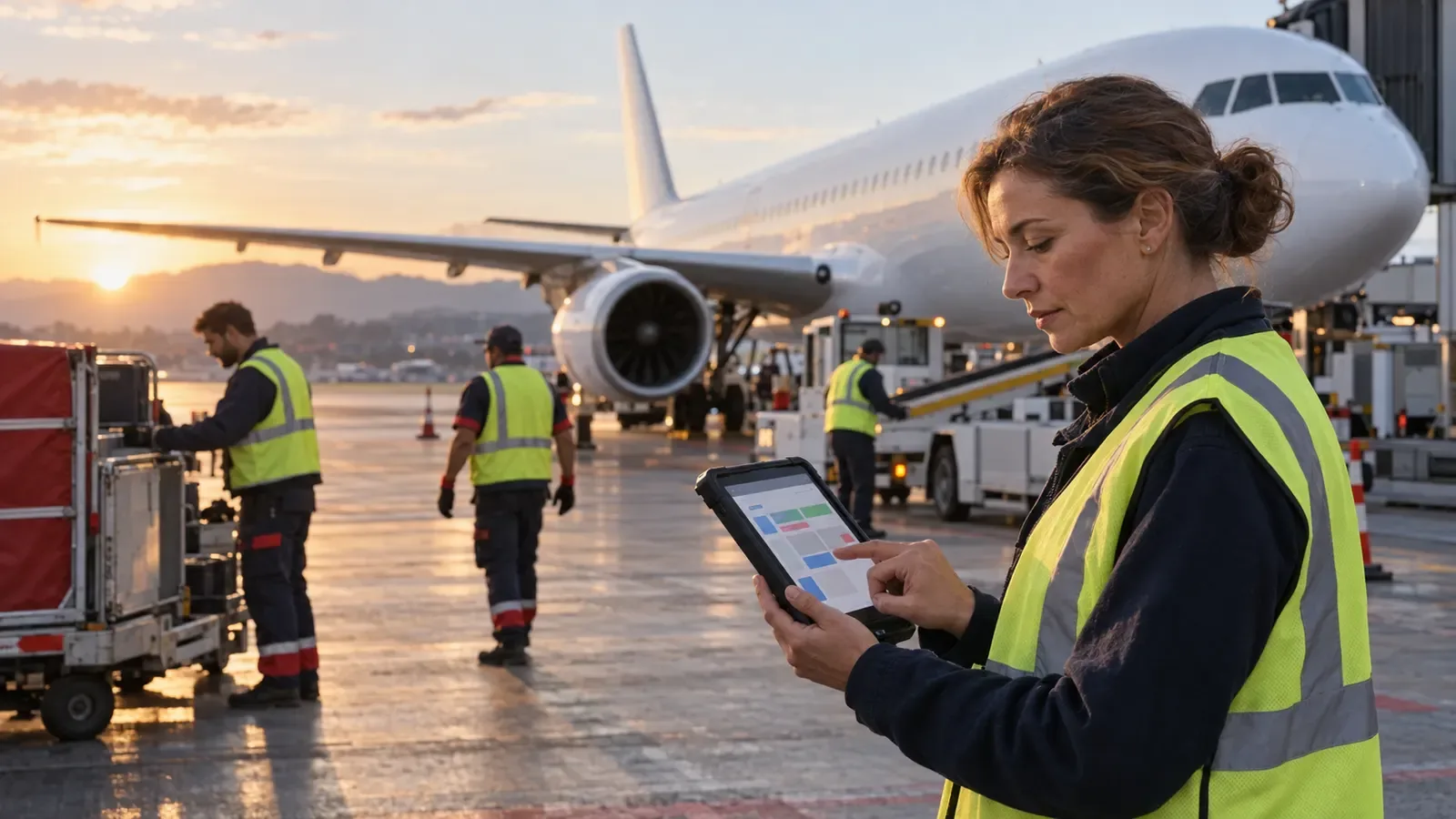 Illustration: beside an aircraft, an agent checks a tablet while the ground crew is at work.